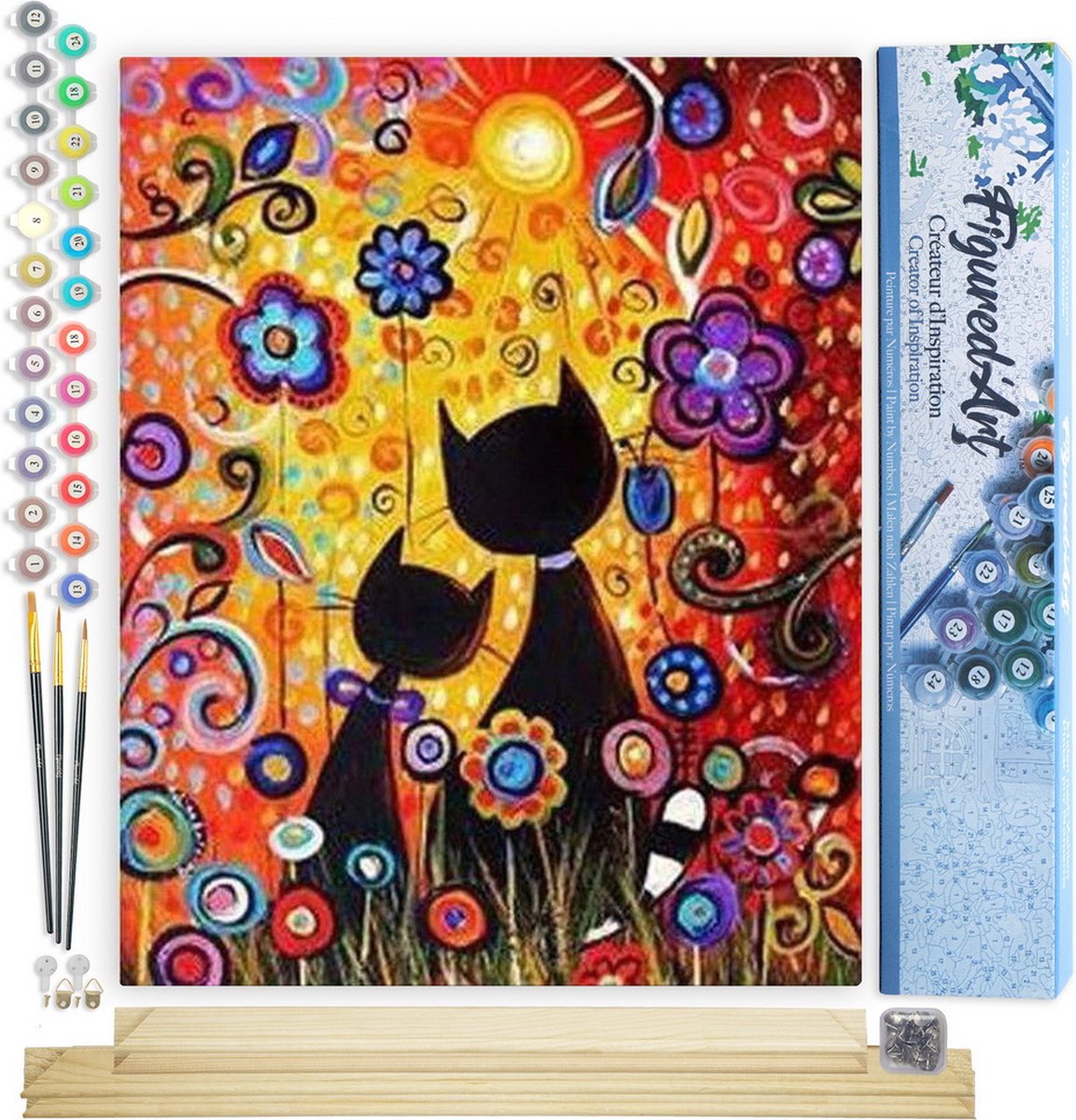 FiguredArt Schilderen op Nummer Volwassenen canvas Cartoon katten - Handwerk acrylverf Kit DIY Compleet - 40x50cm met DIY houten lijst